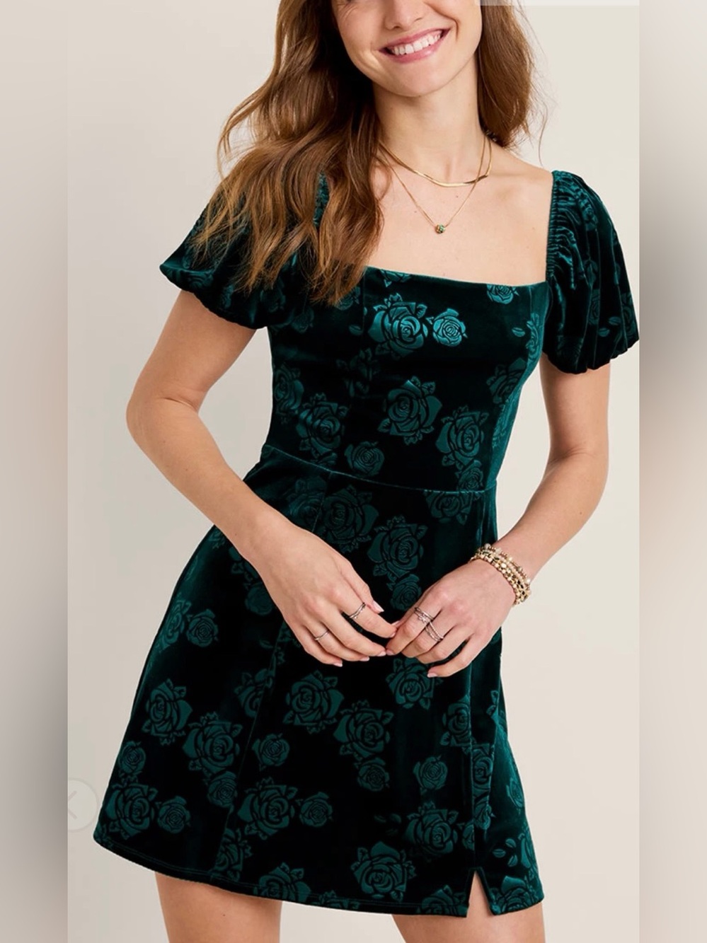 Francesca's Collections Emerald Velvet Floral Square-Neck Dress